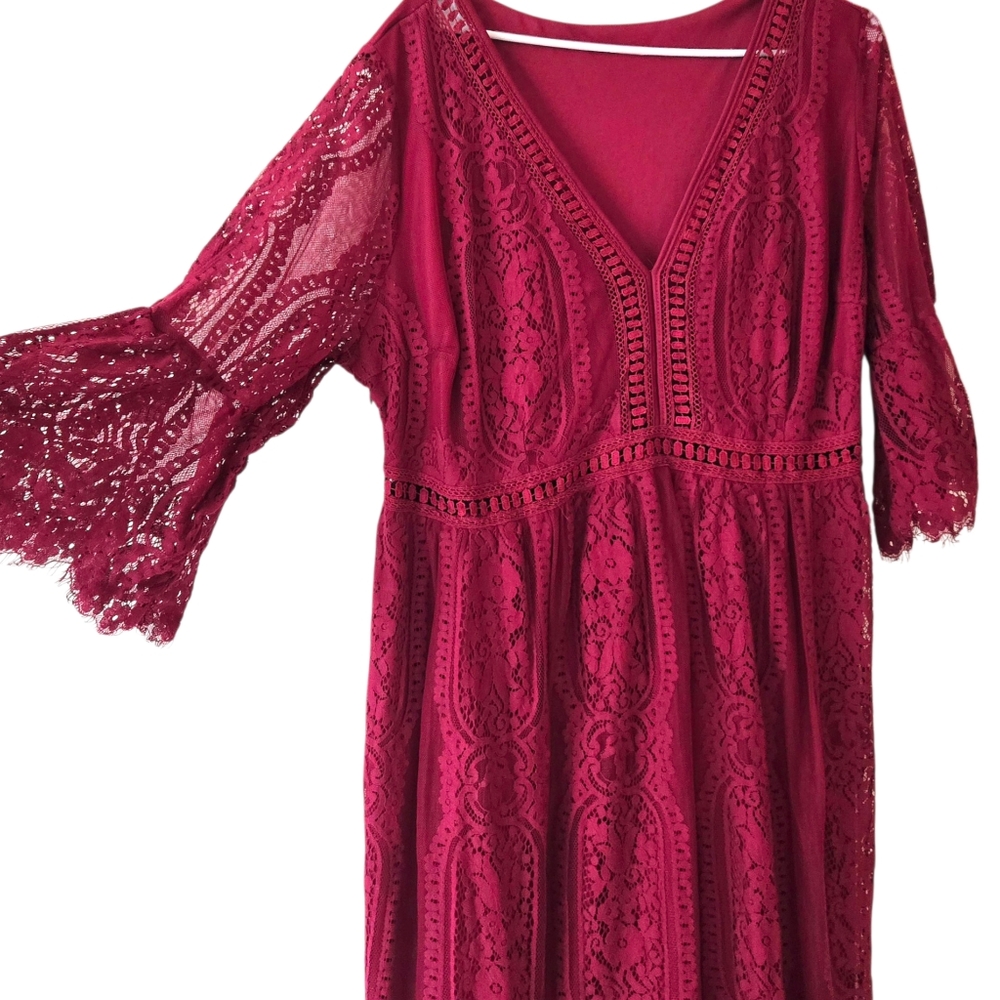 Cranberry Red Lace Maxi Dress Event Holiday Wedding V-neck Ruffled Sleeve Plus - Picture 2 of 11